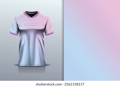 T-shirt mockup abstract hexagon sport jersey design for football, soccer, racing, esports, running, in pink blue gradient pastel color