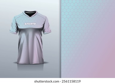 T-shirt mockup abstract hexagon sport jersey design for football, soccer, racing, esports, running, in pink green gradient pastel color