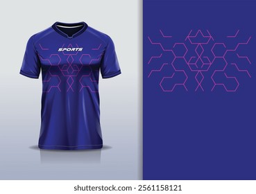 T-shirt mockup abstract hexagon sport jersey design for football, soccer, racing, esports, running, in pink blue color