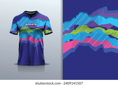 T-shirt mockup with abstract  jersey design for football, soccer, racing, esports, running, in rainbow color	