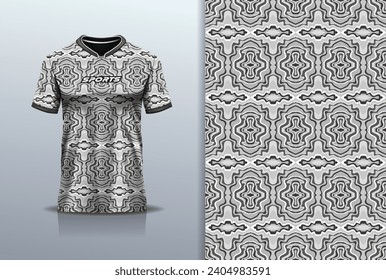 T-shirt mockup with abstract seamless pattern jersey design for football, soccer, racing, esports, running, in black white