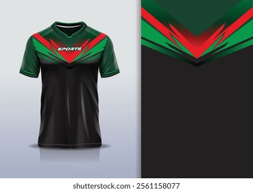 T-shirt mockup abstract sharp line jersey design for football, soccer, racing, esports, running, in red green black color