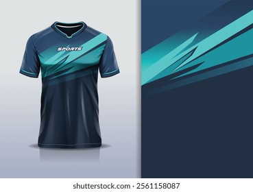 T-shirt mockup abstract sharp line jersey design for football, soccer, racing, esports, running, in blue tosca color