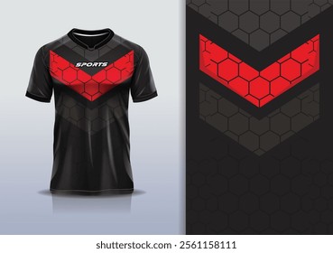 T-shirt mockup abstract sharp line hexagon sport jersey design for football, soccer, racing, esports, running, in red white black color