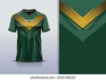 T-shirt mockup abstract sharp line jersey design for football, soccer, racing, esports, running, in green gold color