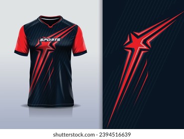 T-shirt mockup with abstract star line jersey design for football, soccer, racing, esports, running, in black red color