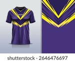 T-shirt mockup abstract stripe line jersey design for football, soccer, racing, esports, running, in purple yellow color