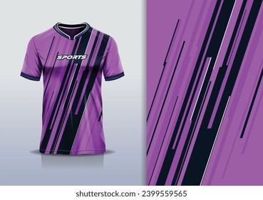  T-shirt mockup with abstract stripe line sport jersey design for football, soccer, racing, esports, running, in purple color