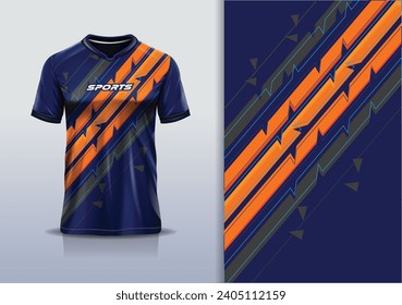 T-shirt mockup with abstract stripe line sport jersey design for football, soccer, racing, esports, running, in orange blue color