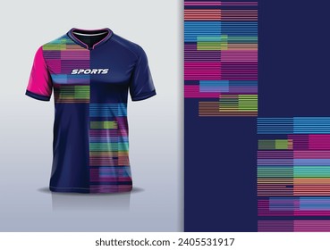 T-shirt mockup with abstract stripe line sport jersey design for football, soccer, racing, esports, running, in rainbow color
