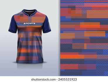 T-shirt mockup with abstract stripe line sport jersey design for football, soccer, racing, esports, running, in orange blue color