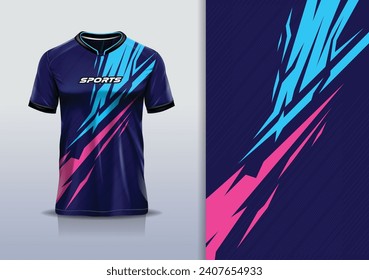 T-shirt mockup with abstract stripe line jersey design for football, soccer, racing, esports, running, in blue pink color	