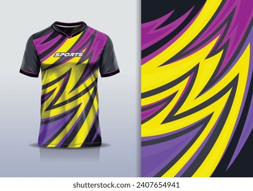 T-shirt mockup with abstract stripe line racing jersey design for football, soccer, racing, esports, running, in purple yellow color	