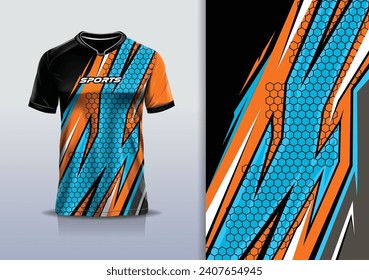 T-shirt mockup with abstract stripe line honeycomb jersey design for football, soccer, racing, esports, running, in orange blue color