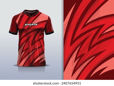 T-shirt mockup with abstract stripe line racing jersey design for football, soccer, racing, esports, running, in red color	