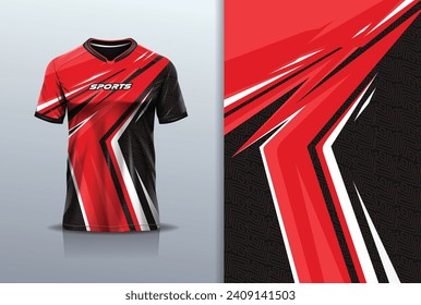 T-shirt mockup with abstract stripe line racing jersey design for football, soccer, racing, esports, running, in red color	
