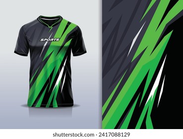 T-shirt mockup with abstract stripe line racing jersey design for football, soccer, racing, esports, running, in green color
