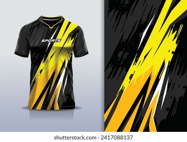 T-shirt mockup with abstract stripe line grunge racing jersey design for football, soccer, racing, esports, running, in yellow color