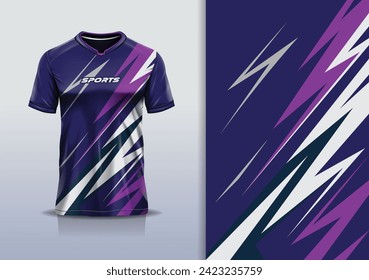 T-shirt mockup with abstract stripe line racing jersey design for football, soccer, racing, esports, running, in purple color	