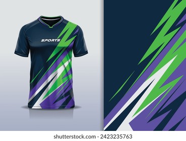 T-shirt mockup with abstract stripe line racing jersey design for football, soccer, racing, esports, running, in green purple color	