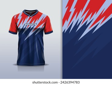 T-shirt mockup with abstract stripe line jersey design for football, soccer, racing, esports, running, in blue red color	