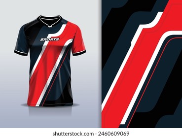 T-shirt mockup with abstract stripe line sport jersey design for football, soccer, racing, esports, running, in black red color