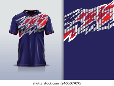 T-shirt mockup with abstract stripe line jersey design for football, soccer, racing, esports, running, in blue red color