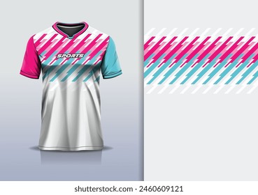 T-shirt mockup with abstract stripe line sport jersey design for football, soccer, racing, esports, running, in white pink blue color