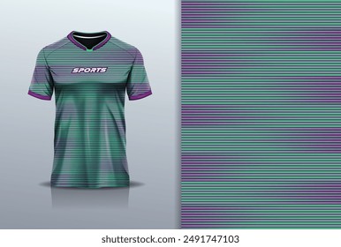 Tshirt mockup abstract stripe line sport jersey design for football soccer, racing, esports, running, green purple color