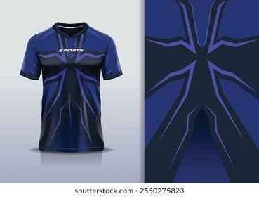 T-shirt mockup com design de camisa de linha de faixa abstrata para futebol, futebol, corrida, esportes, corrida, em cor roxa azul	