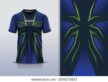 T-shirt mockup com design de camisa de linha de faixa abstrata para futebol, futebol, corrida, esportes, corrida, em cor verde azul	