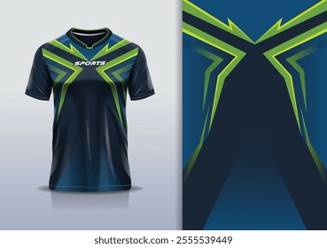 T-shirt mockup abstract stripe line jersey design for football, soccer, racing, esports, running, in blue navy green color