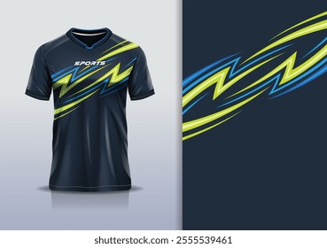 T-shirt mockup abstract stripe line jersey design for football, soccer, racing, esports, running, in blue navy yellow color