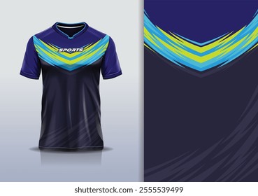 T-shirt mockup abstract stripe line jersey design for football, soccer, racing, esports, running, in blue navy yellow color