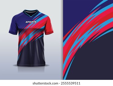 T-shirt mockup abstract stripe line jersey design for football, soccer, racing, esports, running, in blue navy red color