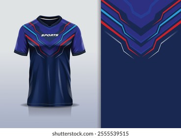 T-shirt mockup abstract stripe line jersey design for football, soccer, racing, esports, running, in blue navy red color