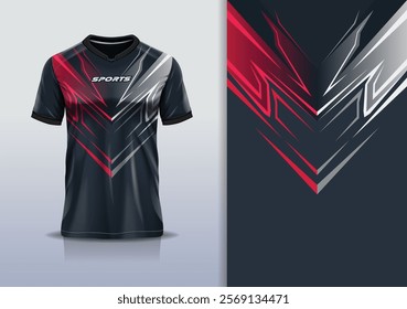 T-shirt mockup abstract stripe line jersey design for football, soccer, racing, esports, running, in red white black color