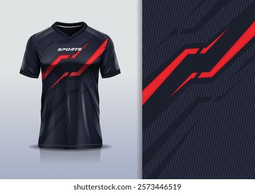 T-shirt mockup abstract stripe line jersey design for football, soccer, racing, esports, running, in red black color