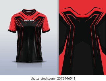 T-shirt mockup abstract stripe line jersey design for football, soccer, racing, esports, running, in red black color