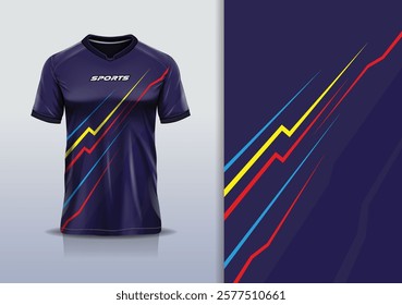 T-shirt mockup abstract stripe line jersey design for football, soccer, racing, esports, running, in blue navy red color