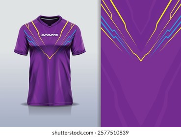 T-shirt mockup abstract stripe line jersey design for football, soccer, racing, esports, running, in purple yellow color