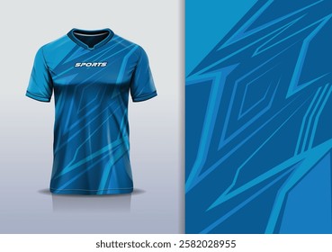 T-shirt mockup abstract stripe line jersey design for football, soccer, racing, esports, running, in blue color