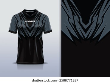 T-shirt mockup abstract stripe line jersey design for football, soccer, racing, esports, running, in black gray color