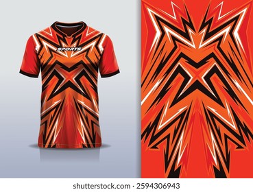 T-shirt mockup abstract stripe line jersey design for football, soccer, racing, esports, running, in orange black color