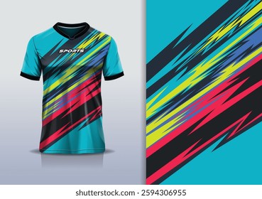 T-shirt mockup abstract stripe line jersey design for football, soccer, racing, esports, running, in green red yellow color