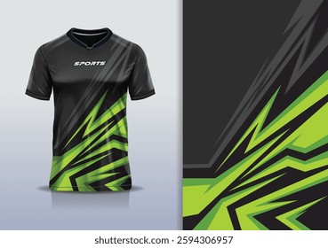 T-shirt mockup abstract stripe line jersey design for football, soccer, racing, esports, running, in green black color