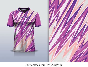 T-shirt mockup abstract stripe line jersey design for football, soccer, racing, esports, running, in purple white color