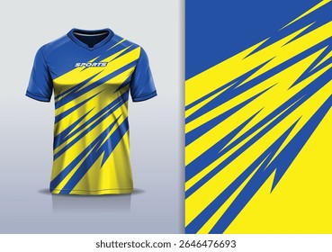 T-shirt mockup abstrata stripe linha jersey design para futebol, futebol, corrida, esportes, corrida, em cor amarelo azul