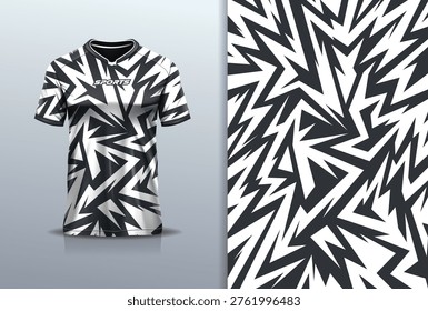 T-shirt mockup with abstract stripe line sport jersey design for football, soccer, racing, esports, running, in black white color