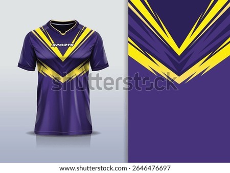 T-shirt mockup abstract stripe line jersey design for football, soccer, racing, esports, running, in purple yellow color